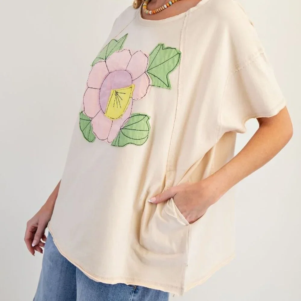 2-0411 EASEL flower Patch Cotton Mineral Washed Soft Top With Pockets Boutique - Picture 2 of 7